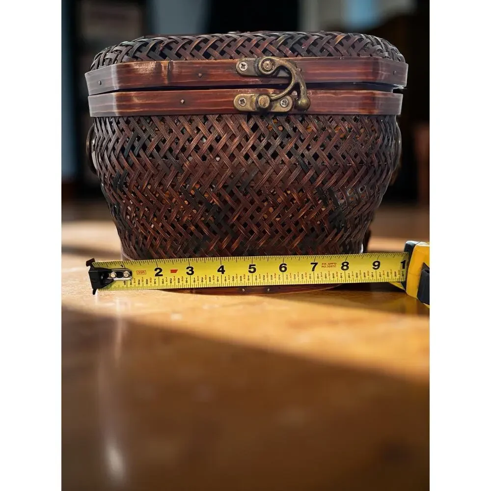Wooden Octagonal Woven Storage Basket with Lid and Latch, 10.5 in Natural Brown